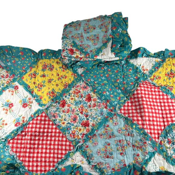 Pioneer Woman Petal Party 2 Bed Pillow Shams King Size Quilted Ruffle Patchwork - Picture 9 of 9